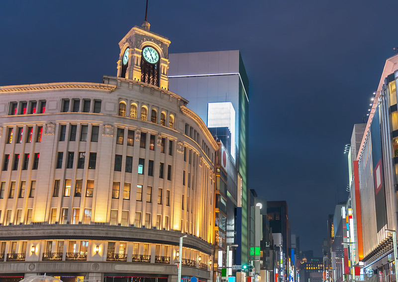 Ginza Wako Tower and shopping district