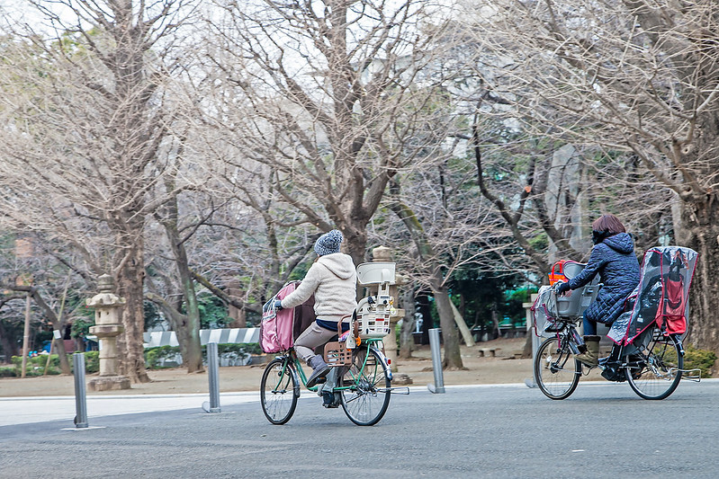 Japanese people riding bicycles in city park