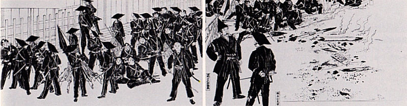 Saigō Takamori (with tall hat) inspecting Choshu troops at the battle of Fushimi.