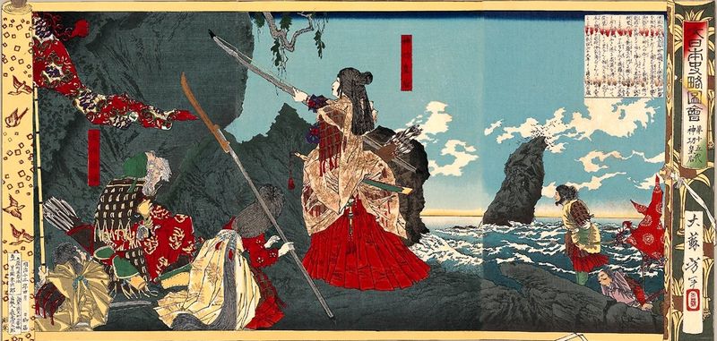 "Great Japan (Dai-Nihon) History Briefing Session, the 15th Empress Jingu." Empress Jingu setting foot in Korea.
