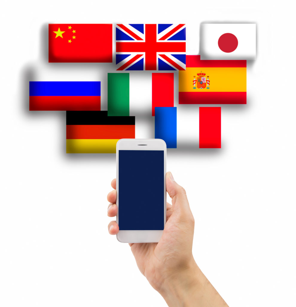 Hand holding a smart phone with flags of many languages
