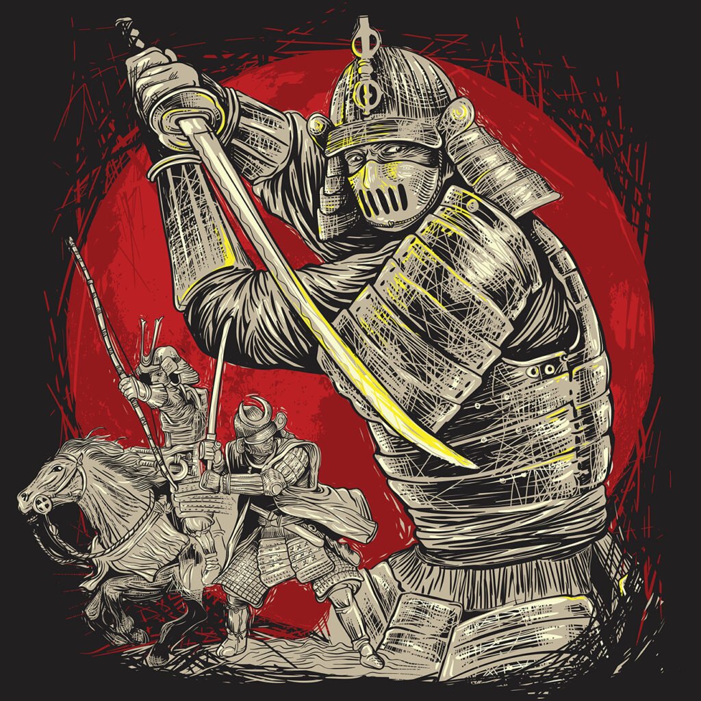 Samurai warrior red moon drawing illustration vector