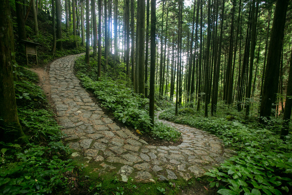 Walking the cobblestone road following the Nakasendo trail between Tsumago and Magome in Kiso Valley, Japan.